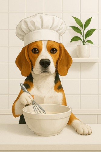 Beagle dog the kitchen - in,